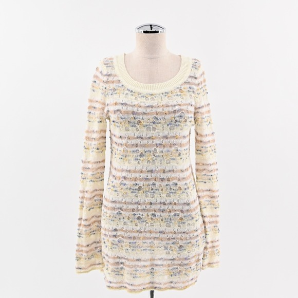 Anthropologie Sweaters - ANTHROPOLOGIE Sweater Womens Size S Cream Stripe Linen Open Knit Scoop Neck MOTH